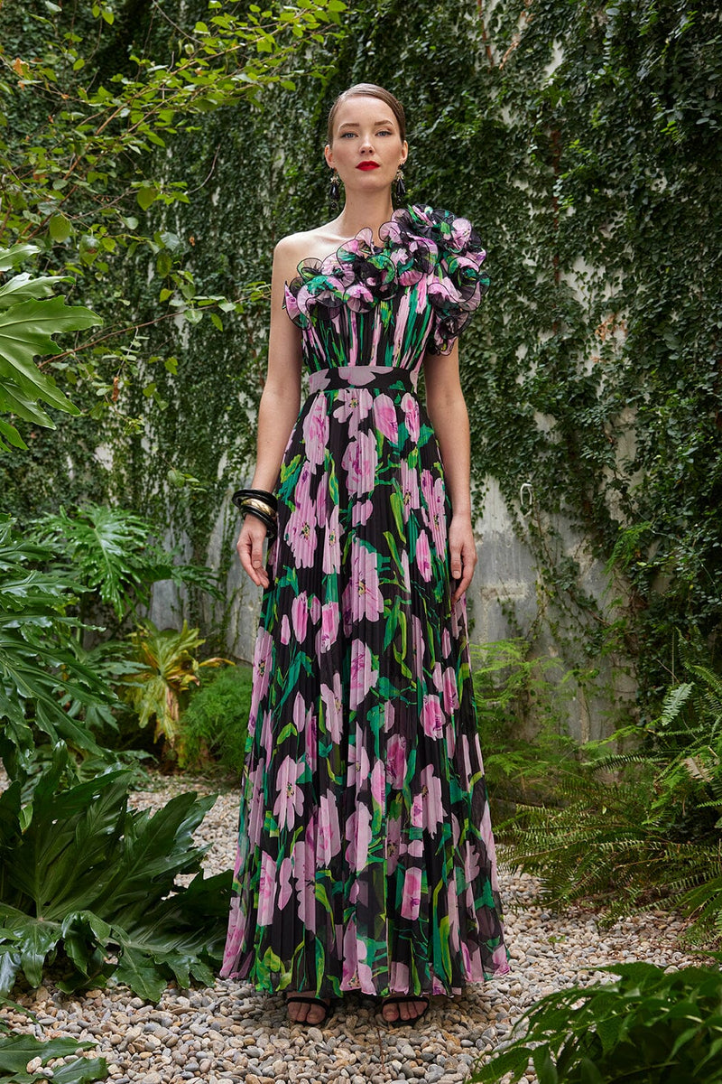 Cosiani Black Floral Pleated Gown