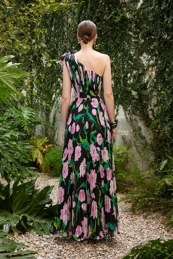 Cosiani Black Floral Pleated Gown