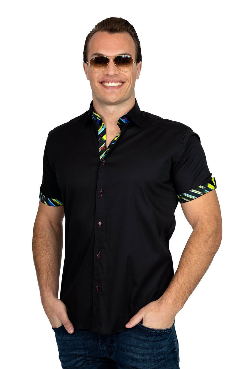 Black Stretch Short Sleeve Shirt with Green Trim