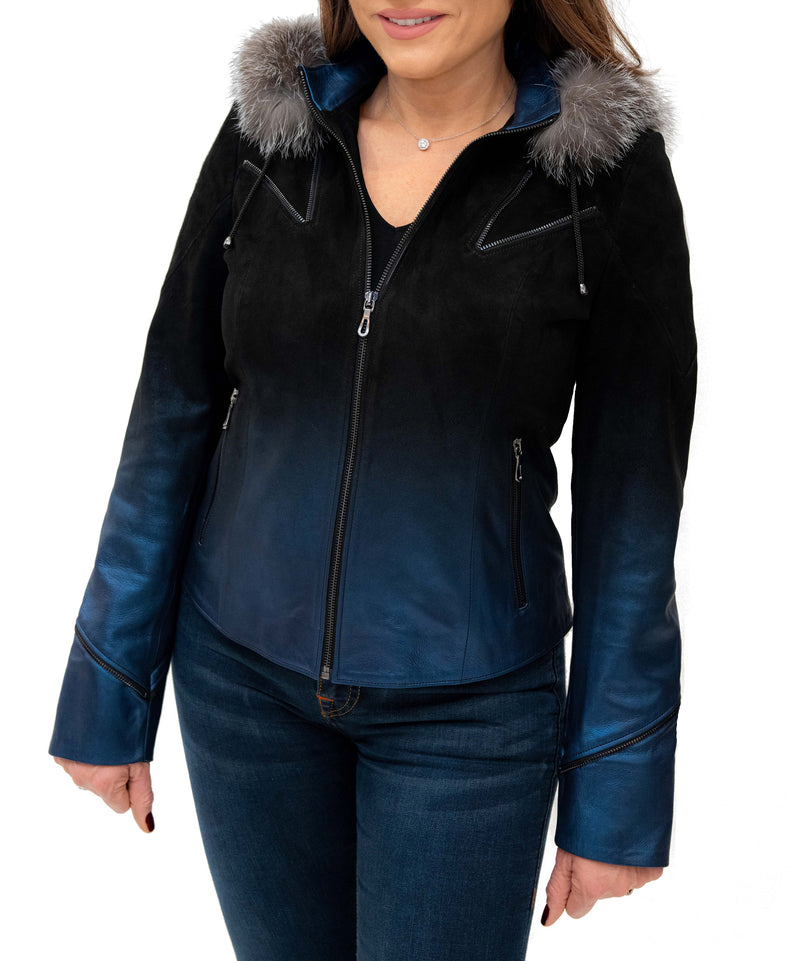 W Blue Gradient Fur Hoodie Leather Jacket