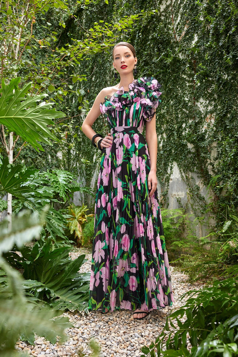 black floral pleated dress Cosiani Black Floral Pleated Gown 42
