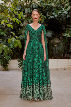 green pattern formal dress Forest Green Beaded Maxi Gown: Formal Floral Dress