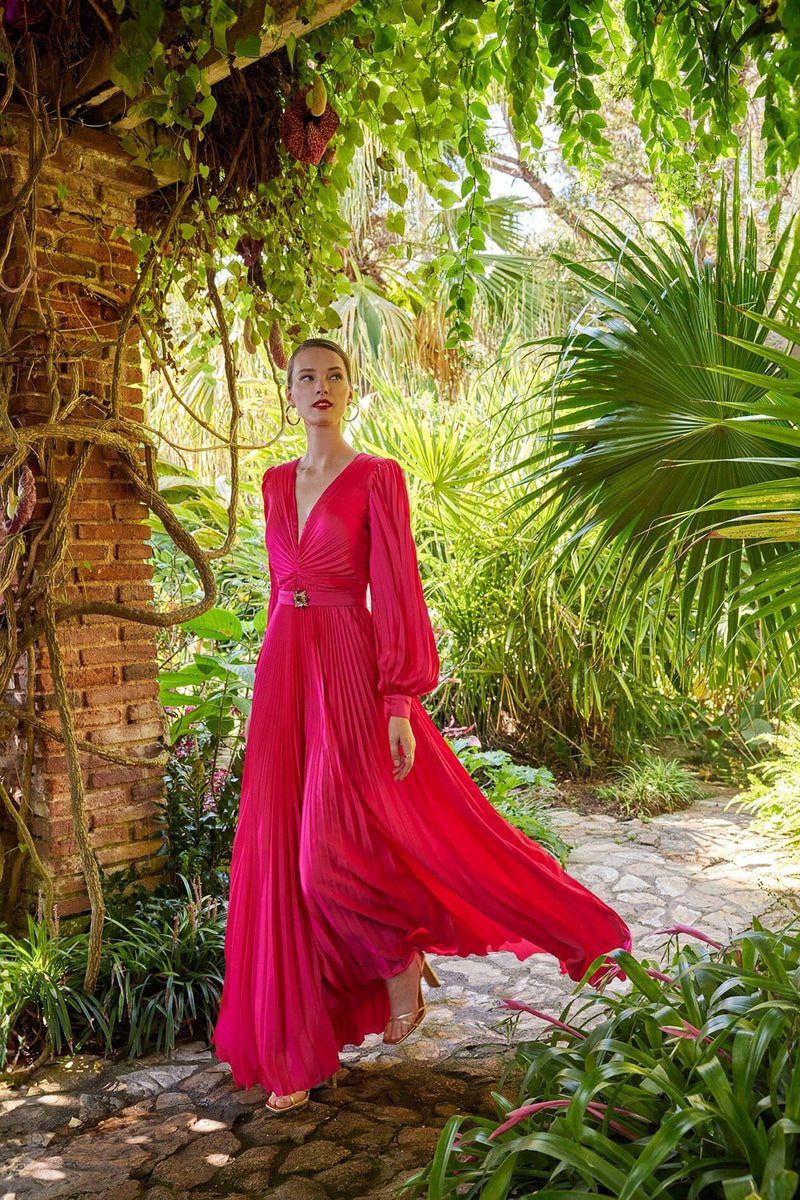Cosiani Fuchsia Long Sleeve Pleated Gown 38 Cosiani Fuchsia Long Sleeve Pleated Gown 38