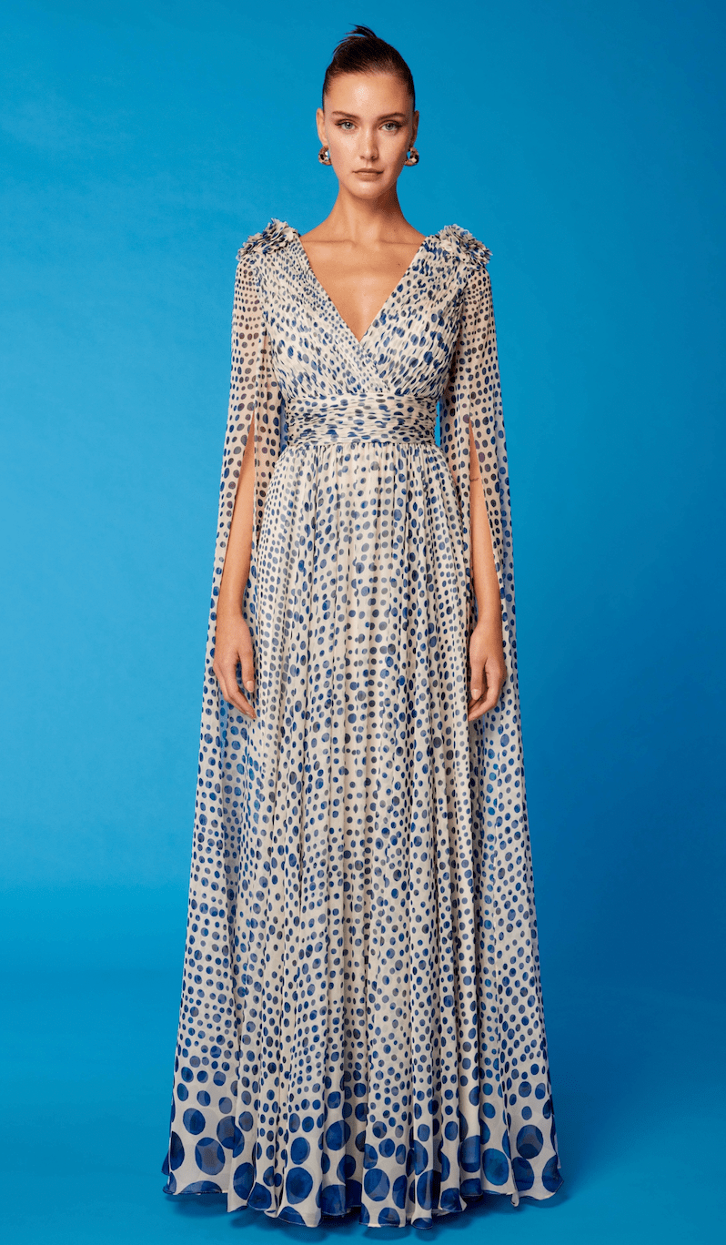 Cosiani Cream & Blue Polka Dot Gown