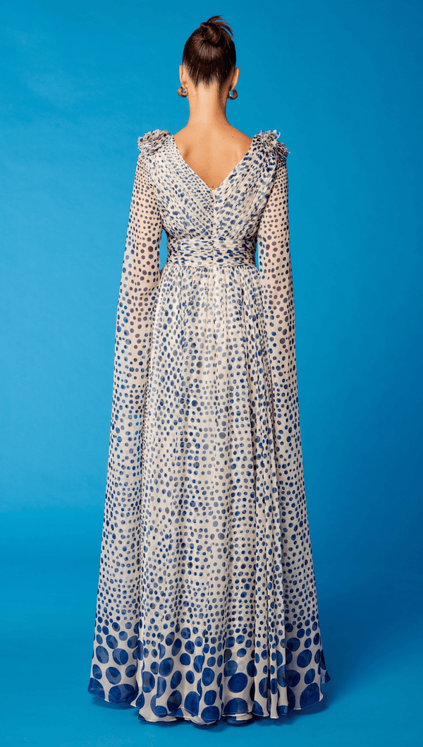 Cosiani Cream & Blue Polka Dot Gown