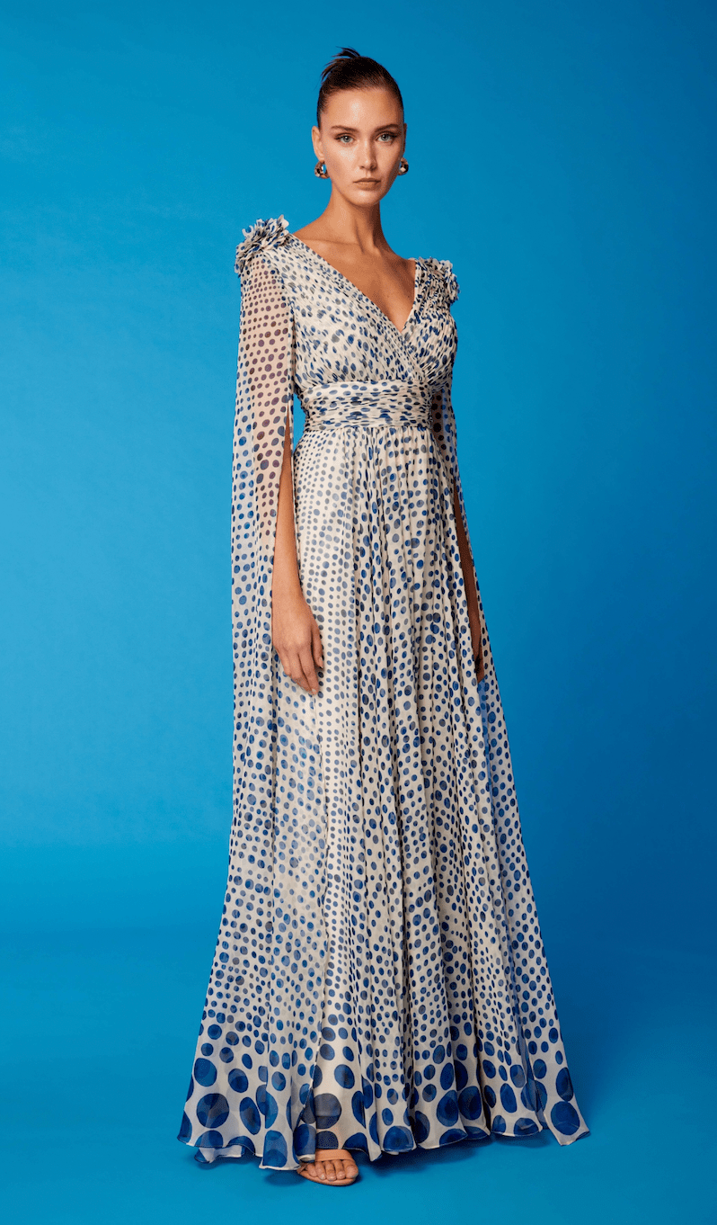 Cosiani Cream & Blue Polka Dot Gown