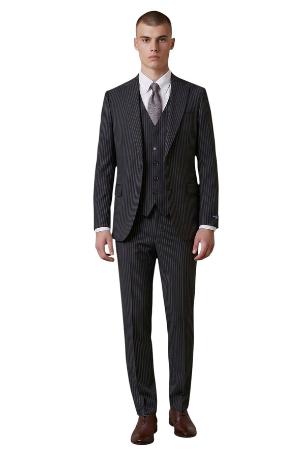 Cosiani 3-piece black wool pinstripe suit featuring a tailored blazer, matching waistcoat, and trousers on a model.