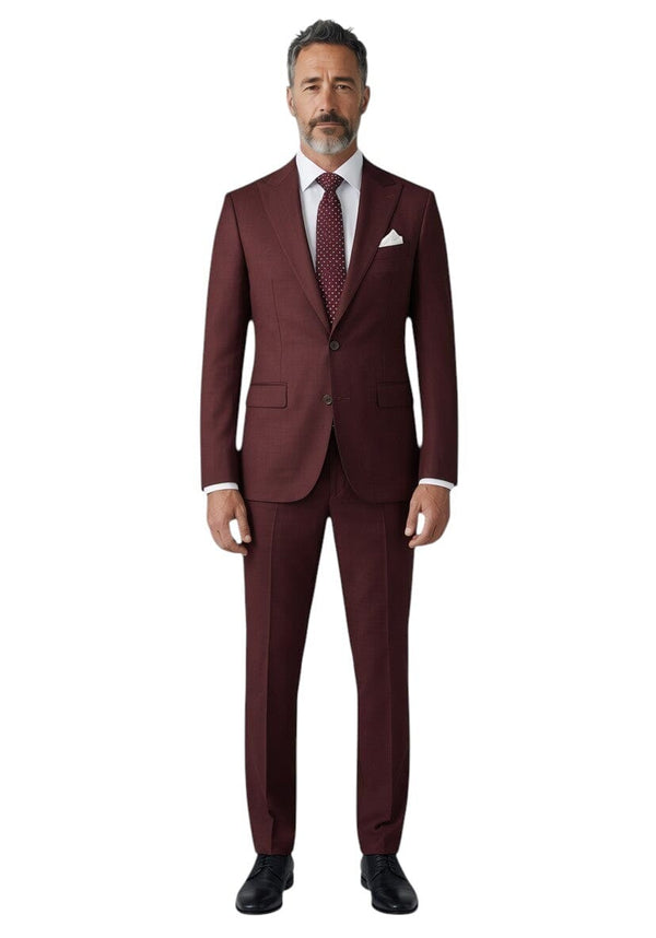 Cosiani slim fit burgundy wool and silk blend men's suit with a white shirt and patterned tie.