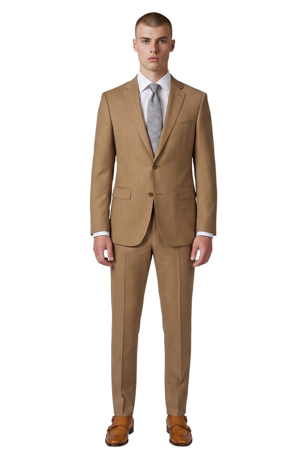 Model wearing a Cosiani camel pinstripe wool suit with a white shirt, patterned tie, and brown leather monk shoes.