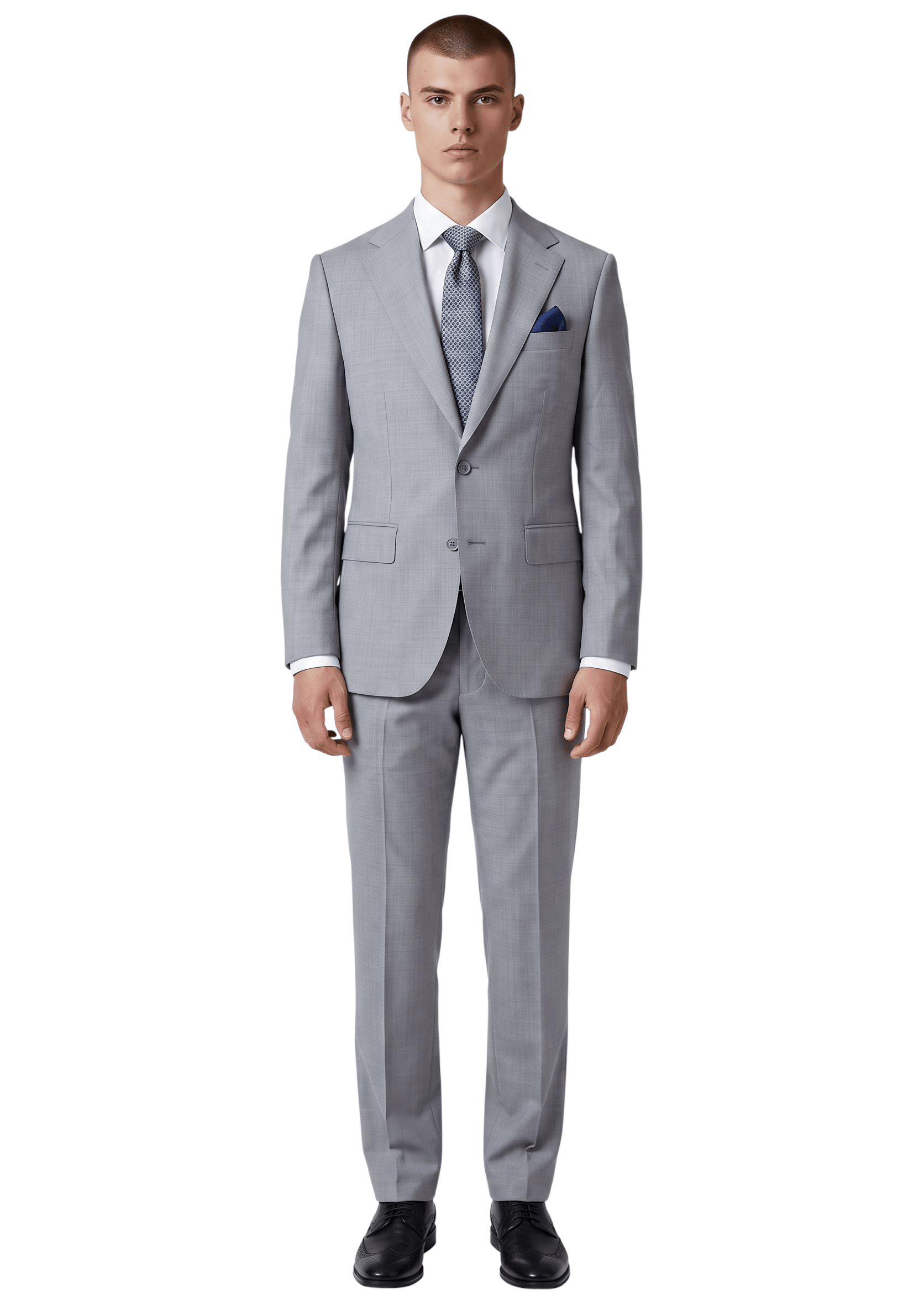 Model wearing a Cosiani light grey slim fit wool cashmere suit with a white shirt, patterned tie, and pocket square.