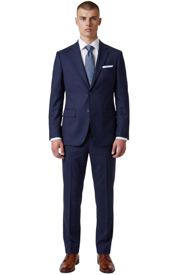 Model wearing a Cosiani navy slim fit suit in textured wool cashmere blend with a white shirt and patterned tie