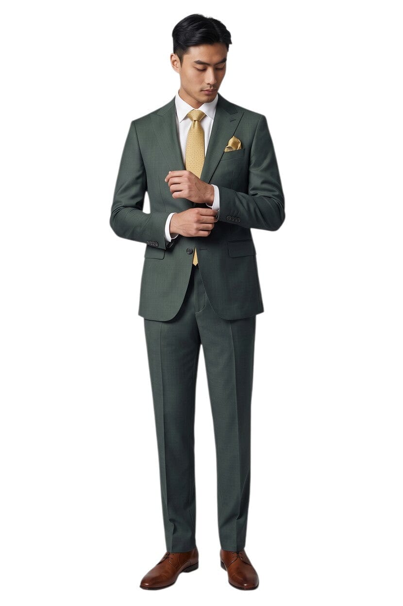 Cosiani slim fit olive green wool and silk blend men's suit with notch lapels and a subtle texture.