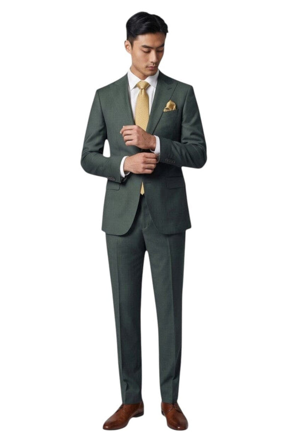 Cosiani slim fit olive green wool and silk blend men's suit with notch lapels and a subtle texture.