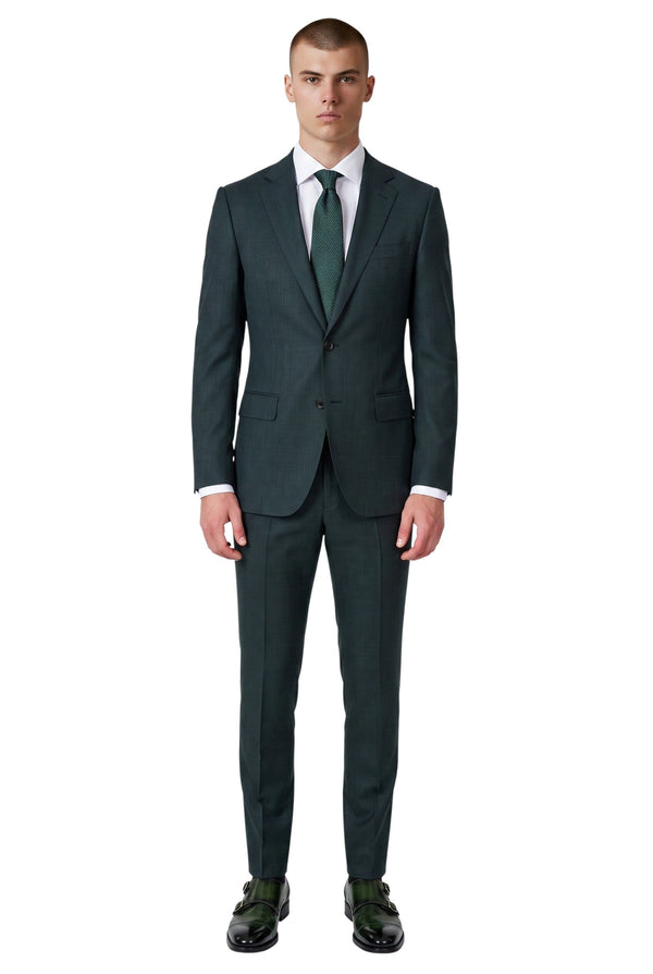 Cosiani Fratelli Tallia teal green pinstripe wool suit worn by a man with a white shirt and green tie