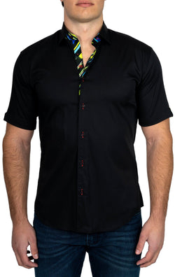 Black Stretch Short Sleeve Shirt with Green Trim