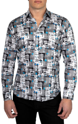 Grey & Turquoise Square Patterned Shirt