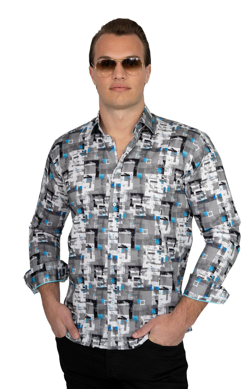 Grey & Turquoise Square Patterned Shirt