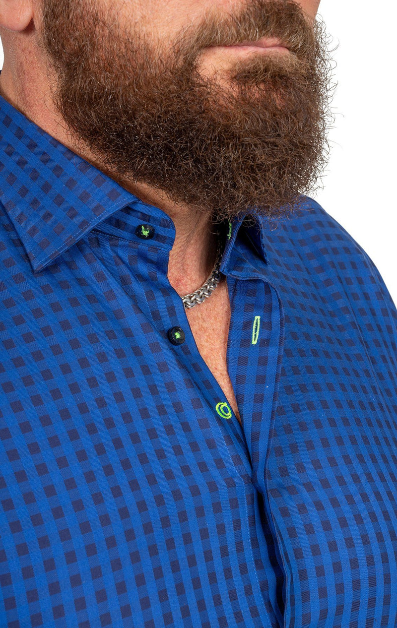 Blue Small Square Shirt with Lime Green Stitch