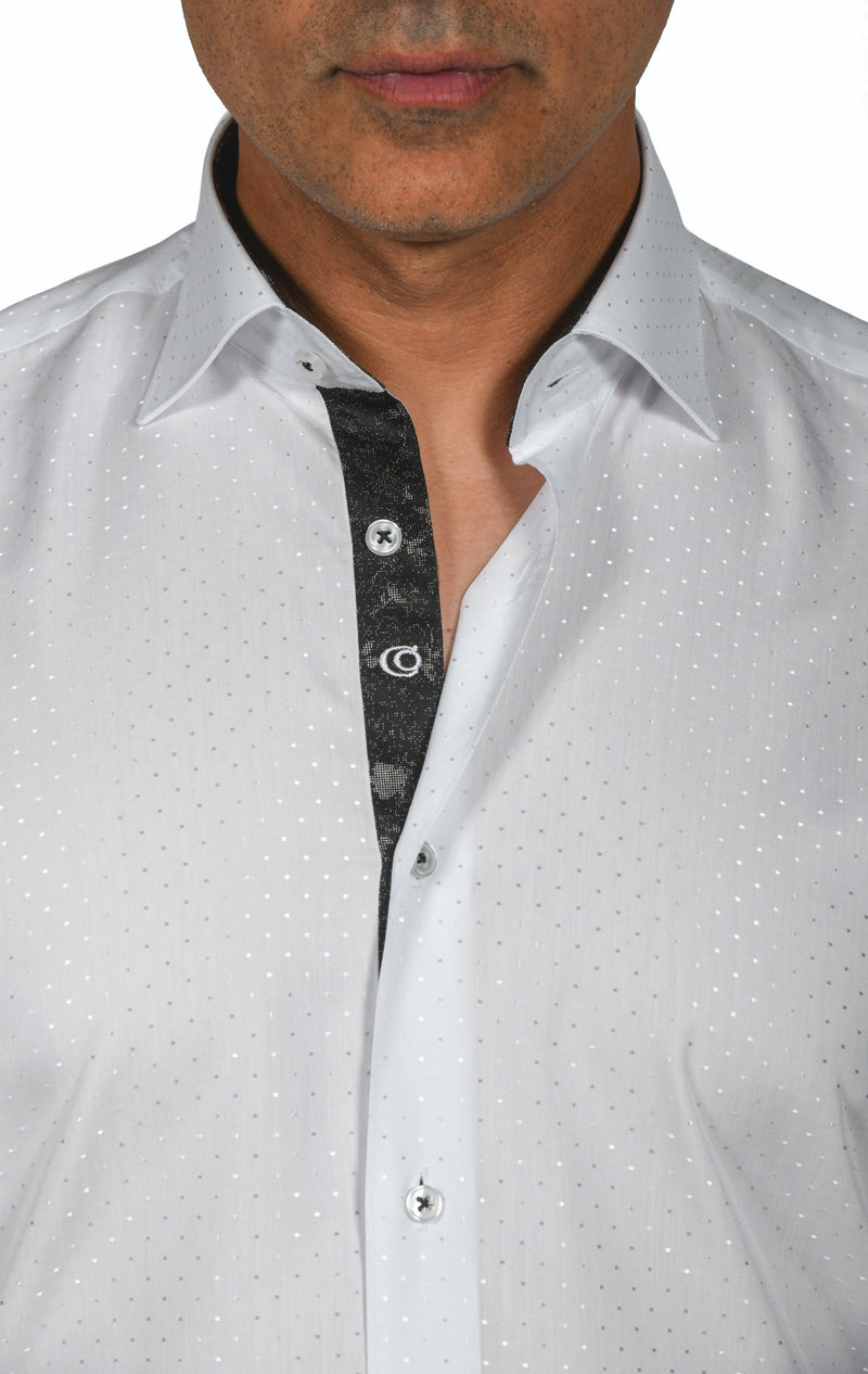 Elegant White Dotted Shirt with Black Trim