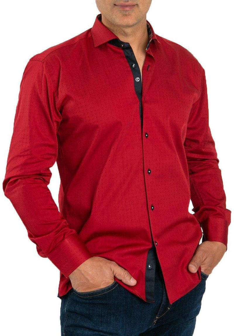 Red Tone On Tone Dotted Shirt With Navy Trim