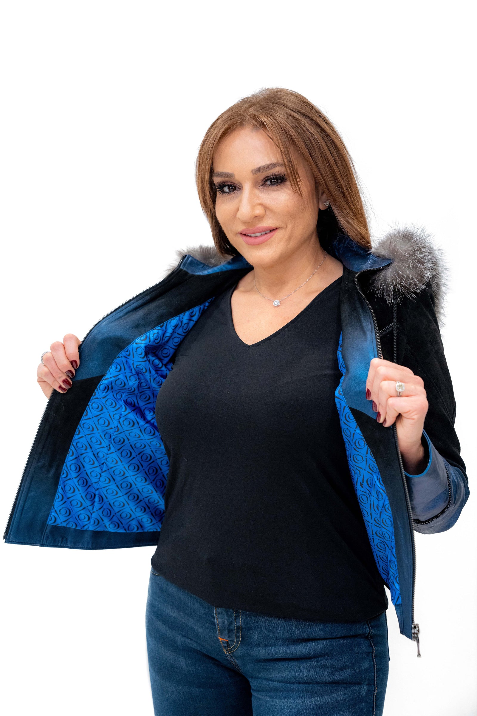W Blue Gradient Fur Hoodie Leather Jacket – Cosiani