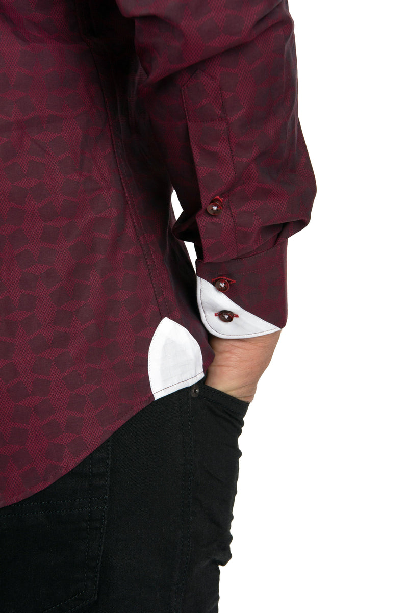Burgundy Patterned Shirt With White Trim