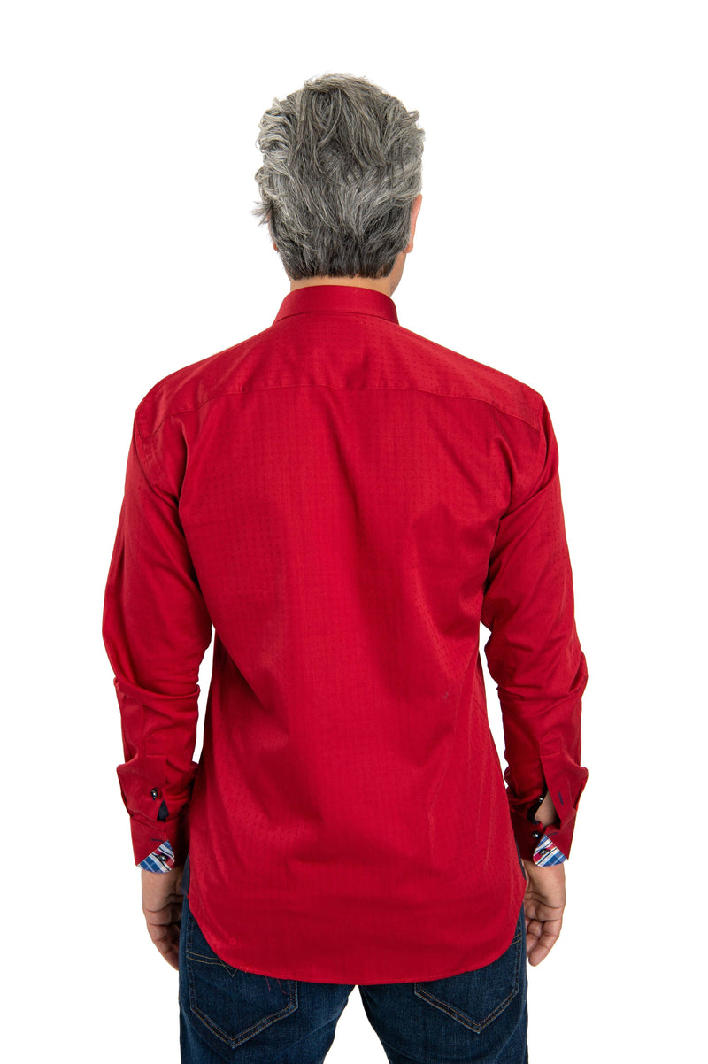 Red Tone On Tone Dotted Shirt With Navy Trim