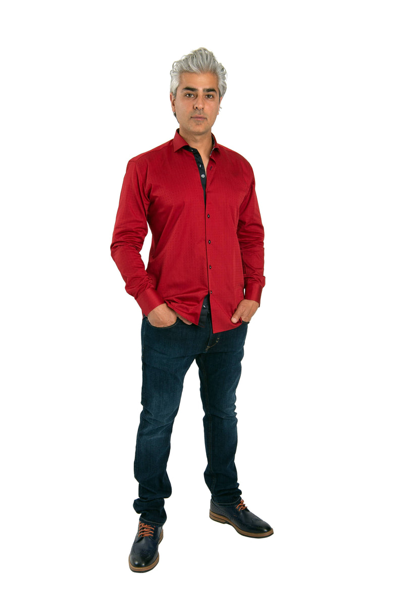 Red Tone On Tone Dotted Shirt With Navy Trim