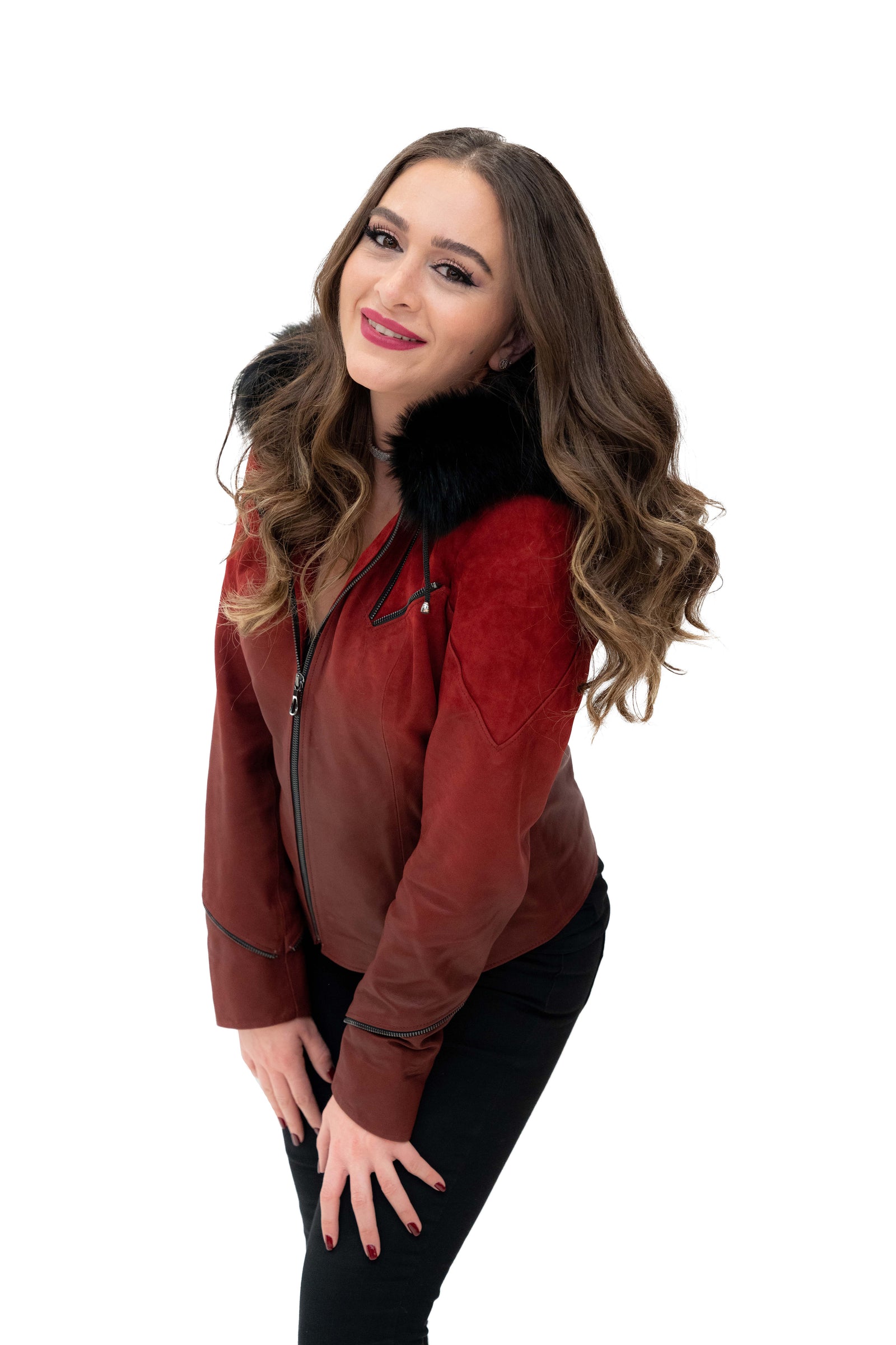 W Red Gradient Fur Hoodie Leather Jacket – Cosiani
