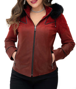 W Red Gradient Fur Hoodie Leather Jacket