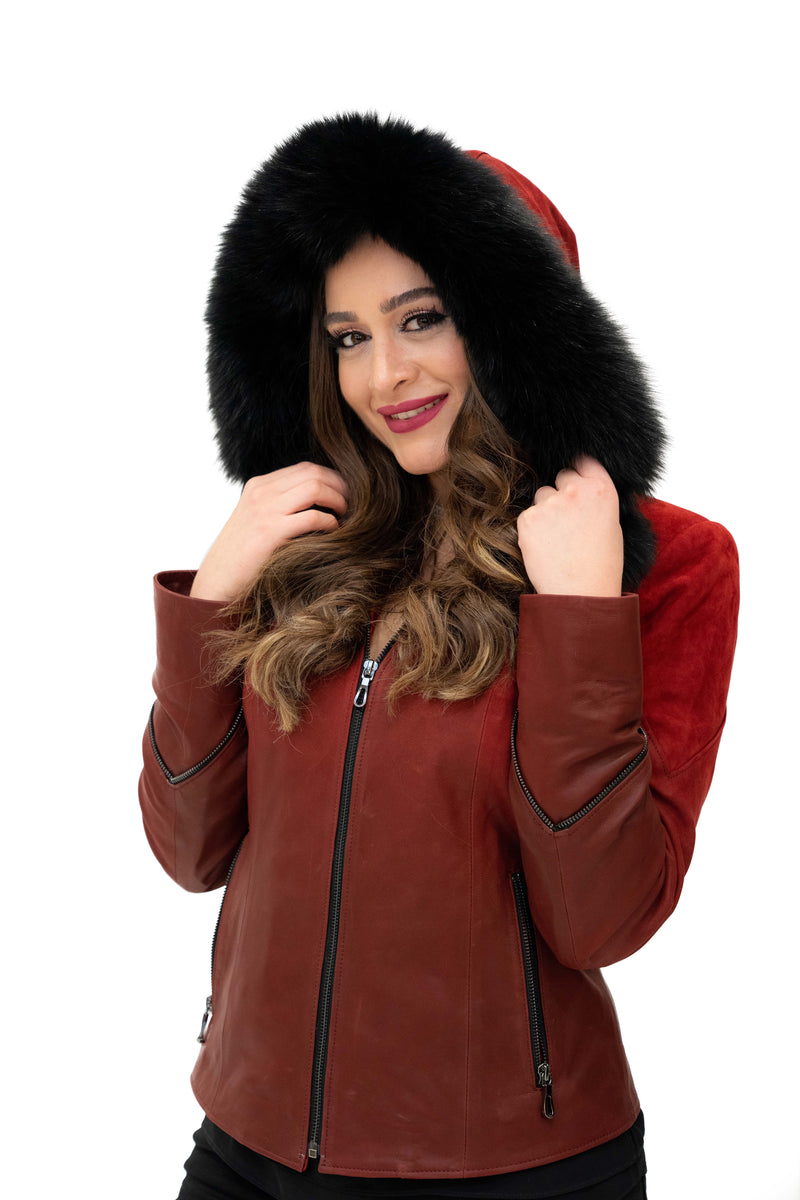 W Red Gradient Fur Hoodie Leather Jacket
